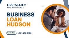 a business loan flyer with a woman and man working at a desk in an office