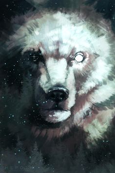 a painting of a bear with stars in the sky behind it's head and eyes