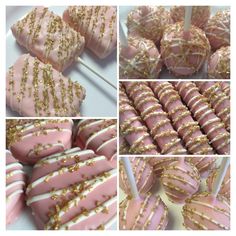 pink and white desserts with gold sprinkles are displayed in four different pictures