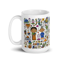 a white coffee mug with an image of people and animals on it