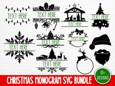 christmas monogram svg bundle with santa claus and other holiday items on the brick wall