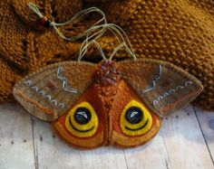 a brown moth with yellow eyes on top of a wooden floor next to a sweater