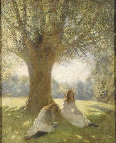 two women sitting under a large tree in the shade, with their backs to each other