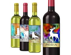 three bottles of wine with different animals on them