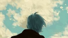 a man with blue hair standing in front of clouds