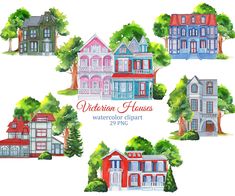 watercolor clipart houses with trees and bushes