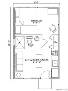 the floor plan for a small apartment with one bedroom and an attached living room area