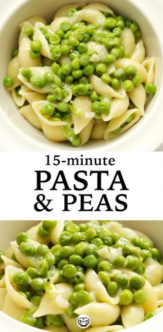 pasta and peas in a white bowl with text overlay