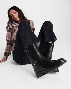 Timeless round toe moto boot, made from burnished cow leather for a sleek and contemporary look. Block heel constructed of stacked leather and lightweight rubber sole for traction. Gore panel insert for adjustability, completed with french binding. rag & bone Women's Moto Boot | Black, 37.5 (also in 35,36,36.5,37,38,38.5) Moto Leather Boots, Black Moto Boots, Goat Leather, Leather Moto, Leather Pulls, Moto Boots, Biker Boot, Rag & Bone, Cow Leather