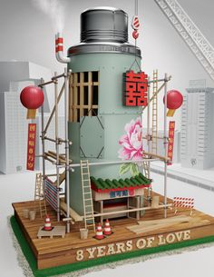 a model of a building with chinese writing on it