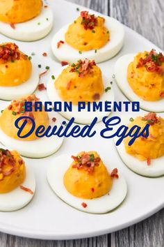 deviled eggs with bacon on them and the words bacon pimentoo deviled eggs