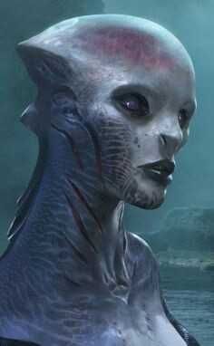 an alien woman with red eyes standing in the water