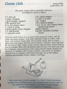 the recipe for classic chili is shown in an open book with instructions on how to make it