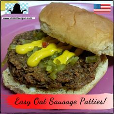 an image of a hamburger with cheese and ketchup on the bun that says easy cat sausage patties