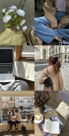 a collage of photos with people sitting at tables and flowers in vases on the table