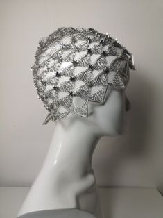 Flapper Style Cloche Hat Crochet Celestial Tulle Cap Great - Etsy Silver Party Headpiece, Silver Round Crown Headpiece For Party, Unique Party Headpiece With Structured Crown, Unique Structured Crown Headpieces For Party, Silver Structured Crown Headpieces For Party, Unique Party Headpieces With Structured Crown, Silver Headpiece With Structured Crown For Party, Silver Tall Crown Headpiece For Party, Silver Costume Hat With Round Crown For Parties