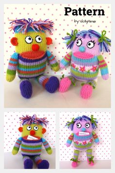 two knitted dolls with different colored hair and eyes, one is holding the other's hand