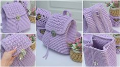 several pictures of the same handbag in different stages of being crocheted with yarn