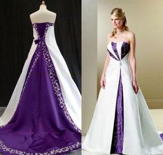 two dresses with purple and white trims on the bottom, one in satin fabric