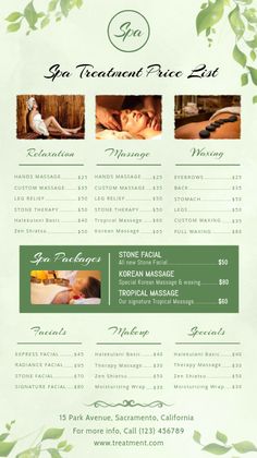 a flyer for a spa with images of massages and the words go treatment price list