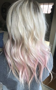 Blonde Hair Pastel Pink Highlights, Adding Pink To Blonde Hair, Platinum Blonde Hair With Pink Peekaboo, Purple Blonde Balayage, Blonde Hair Pop Of Color, Blonde With Pink Peekaboo, Platinum Blonde With Pink, Light Pink Highlights In Blonde Hair, Blonde Hair With Colored Tips