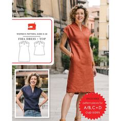 a woman's dress sewing pattern with the front and back view of her,