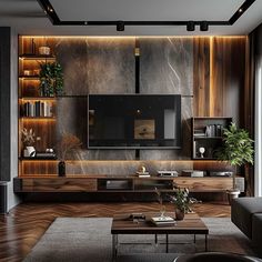 a modern living room with wood paneling and black leather furniture, including a large flat screen tv