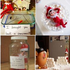 four different pictures with elfs in jars and snowman on the bottom one has a sign that says, i brought you back to a swim