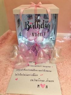 a birthday gift box with balloons in it