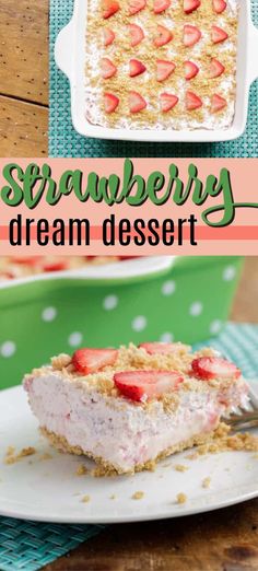 strawberry cream dessert on a white plate with a fork in front of it and the title overlay