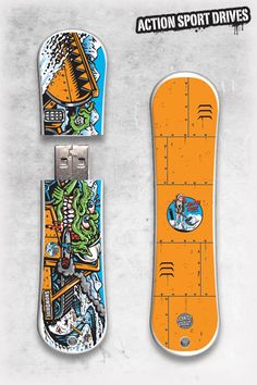 two skateboards with different designs on them and one has an image of a man riding a surfboard