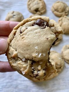 a person holding a chocolate chip cookie in their hand