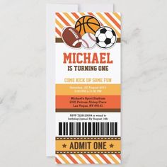 a ticket for a sports themed birthday with a basketball, soccer ball and football on it