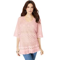 Consider this sweater one of the summer's greatest knits–made from intricately crocheted fabric, its openwork design gives the perfect amount of air and breathability. Its fringed hem adds a feminine, bohemian touch. Add long-sleeve layer underneath during colder months for more coverage. Blush Outfit, Summer Knitwear, Oversized Pullover Sweaters, Long Sleeve Layer, Henley Sweater, Crochet Fabric, Sweater For Women, Dark Olive Green, Long Sleeve Knit Sweaters