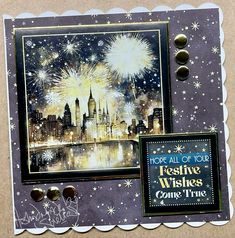 a card with fireworks in the sky above a cityscape and some words on it