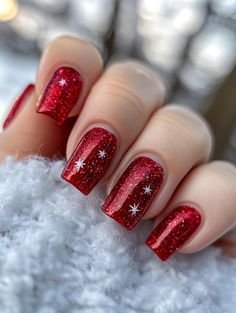 Red Nails With White Glitter, Christmas Red Sparkle Nails, Red With Glitter Nails, Sparkly Red Christmas Nails, Red Sparkle Christmas Nails, Red Glittery Nails, Christmas Sparkle Nails, Red Sparkly Christmas Nails