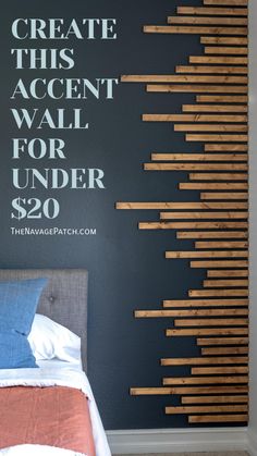 a bed sitting under a wall with wooden slats on it