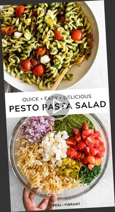 the ingredients for pesto pasta salad are shown in separate bowls, with text overlay that reads quick and easy delicious pesto pasta salad