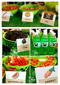 a green table topped with lots of food and water bottles filled with candy bar toppings