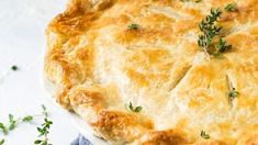 a close up of a pie on a white plate with green sprig garnish