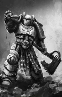 a painting of a warhammer holding an object in one hand and standing on the ground