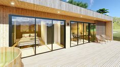 an artist's rendering of a wooden deck with sliding glass doors