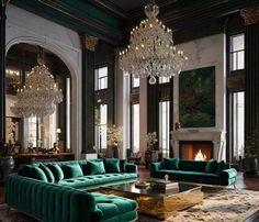 a living room filled with green couches and chandelier hanging from the ceiling