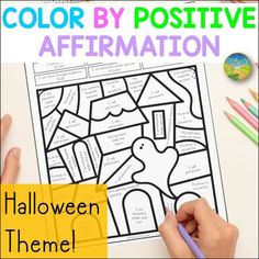 halloween themed color by positive affirmation with hands holding a pencil and writing on it