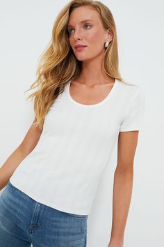 White Pointelle Bridgette Scoop Neck Tee Chic Ribbed Crew Neck T-shirt, Scoop Neck Seamless T-shirt For Spring, Seamless Scoop Neck T-shirt For Spring, Feminine Cotton Scoop Neck Top, Feminine Cotton Tops With Scoop Neck, Elegant Fitted T-shirt With Scoop Neck, Feminine Crew Neck Tops For Layering, Chic Scoop Neck Knit Top For Everyday, Chic Everyday Knit Top With Scoop Neck