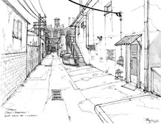 a drawing of an alleyway with stairs