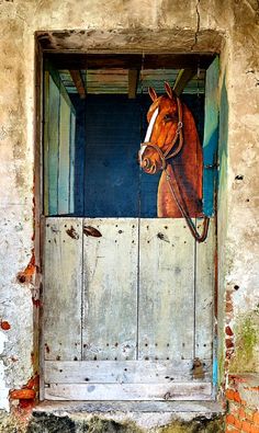 a painting of a horse sticking its head out of an open door