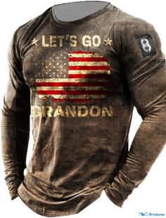 OrcaJump - Mens Graphic Print Tee Shirt with American Flag, Green/Blue/Brown, Long Sleeve, Breathable/Comfortable, Big and Brown Casual Tops For Outdoor, Casual Brown Tops For Outdoor, Casual Brown Tops For Outdoors, Brown Long Sleeve Top With Letter Print, Brown Long Sleeve Tops With Letter Print, Casual Brown Shirt With Letter Print, Brown Long Sleeve Graphic T-shirt, Brown Crew Neck Top For Outdoor, Casual American Flag Print Tops For Fall