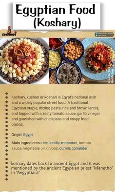 the egyptian food koshary recipe is shown in this graphic above it's description