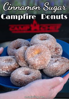 cinnamon sugar campfire donuts on a blue plate